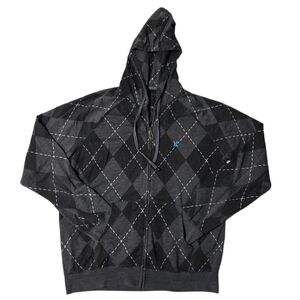 Hurley Full Zip Hoodie Large Argyle Gray Black Pockets Embroidered Logo 2009